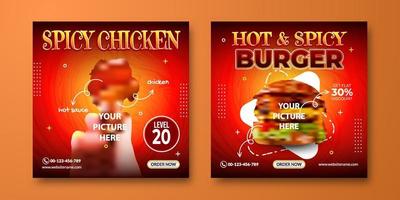 plantilla de publicaciones de instagram de comida caliente y picante. antecedentes de comida en las redes sociales. fondo rojo para publicidad de banners vector