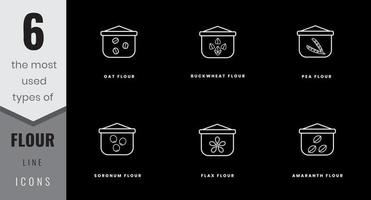 The most used types of flour line icons. Flax, amaranth, oat, buckwheat, pea and sorgnum. In lineart, outline, solid, colored styles. For website design, mobile app, software vector