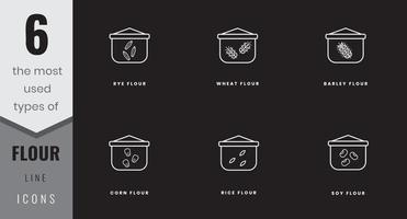 The most used types of flour line icons. Rye, wheat, barley, soy, rice and cor. In lineart, outline, solid, colored styles. For website design, mobile app, software vector