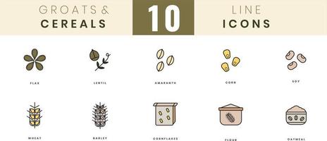 Grains and cereals icons. In colored outline style. For wesite design, mobile app, software vector