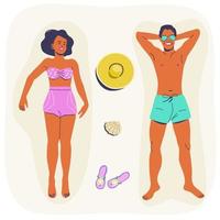 Man and woman lying on a beach, getting suntan, aerial view. Beautiful couple on summer vacation. vector