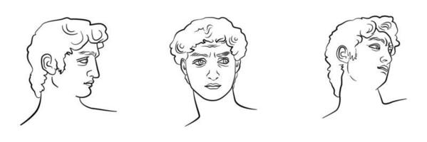 cabeza de david en tres posiciones, retrato tríptico. vista de perfil, cara completa y lateral. un concepto de belleza masculina perfecta. vector