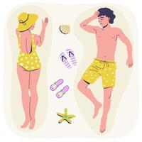 Man and woman lying on a beach, getting suntan. Couple in yellow swimwear, full- length, top view. A concept of summer romantic vacation vector