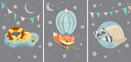 un conjunto de tres ilustraciones con lindos animales durmientes. león, zorro y mapache en estilo de dibujos animados para la decoración de guarderías u otros espacios infantiles.