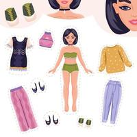 Paper doll colourful illustration. Dress up game for children and adults. Cheerful female character. vector