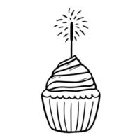 Festive cupcake with sparkler isolated on white background. Vector hand-drawn illustration in doodle style. Perfect for cards, logo, invitations, decorations, birthday designs.