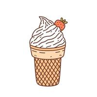 lindo helado de vainilla con fresa. postre dulce de verano aislado sobre fondo blanco. ilustración vectorial dibujada a mano en estilo garabato. perfecto para diseños de vacaciones, tarjetas, decoraciones, menú, logo vector