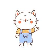 lindo gato sonriente en overoles aislado sobre fondo blanco. ilustración vectorial dibujada a mano en estilo kawaii. perfecto para tarjetas, estampados, camisetas, afiches, decoraciones, logo. personaje animado. vector