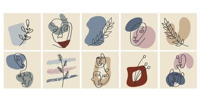 Various faces, leaves and abstract shapes. Contemporary vector illustrations on color backgrouds. Line, minimalistic elegant concept. Perfect for social media, cards, postcards.