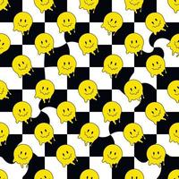 Funny smile dope faces seamless pattern. psychedelic surreal techno melt smile background. Trippy faces, techno, melting smile face cartoon background wallpaper concept art. Y2K aesthetic vector