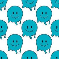 Funny smile dope faces seamless pattern. psychedelic surreal techno melt smile background. Trippy smiley faces, techno, melting smile face cartoon background wallpaper concept art. Y2K aesthetic vector