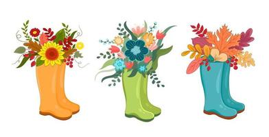 Vector illustration set spring wellies boots with blooming bouquet spring flowers, cotton. Spring symbol flat style