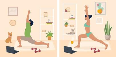 Vector illustration man doing yoga in her apartment with dog and woman with cat