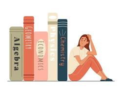 Sad tired student girl looks at pile of study books with fear. Panic before test exam at school, college, university. Flat vector illustration isolated on white background