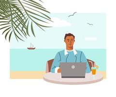 African american man working remotely from tropical beach. Freelancer guy using laptop chats and surfs internet. Worcation and freedom from office concept. Colored flat vector illustration