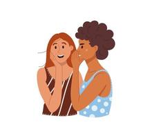 Young woman gossipping, slandering, whispering secrets. Surprised person listening to secrecy and rumors from girl friend. Flat cartoon vector illustration