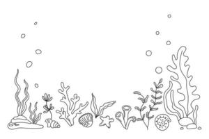 Underwater world with coral reef and seaweed in sea or ocean. Under water background with place for text. Sketch style seabed landscape with marine flora and fauna. Hand drawn vector illustration