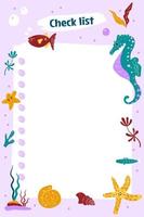 Cute marine life To do planner template. Daily sea life check list. Organizer and schedule with underwater creatures and plants. Colorful cartoon vector illustration
