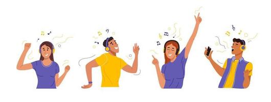 Happy people listen to music with headphones and dance. Guys and girls in earphones rejoice and sing along to songs. Cartoon characters set vector illustration
