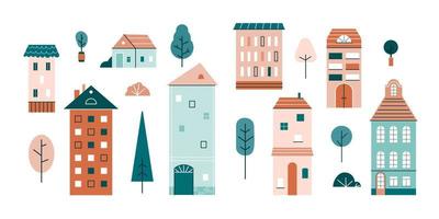 Cute little houses, small buildings, trees and bushes in Scandinavian style. Set of urban homes with windows, roof and chimneys. Color flat vector illustration isolated on white background