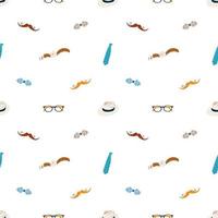 Father's Day seamless pattern background. Vector pattern with mustashe, neck tie, bow, glasses, hat, watch. Repeating texture for dad party