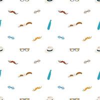 Father's Day seamless pattern background. Vector pattern with mustashe, neck tie, bow, glasses, hat, watch. Repeating texture for dad party