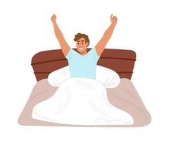 joven feliz despertando por la mañana y estirando los brazos. chico sonriente sentado en la cama. ilustración de vector plano de color aislado sobre fondo blanco