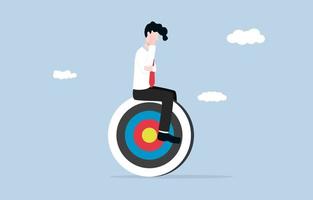 Seeking propose of life, finding passion at work, contemplation to achieve business goal, rational thinking concept. Contemplative businessman sitting on archery target. vector
