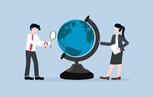 Exploring new location for investment, increasing customer base, or expanding business concept. Businesswoman and businessman try to pin investment base location on mock globe. vector