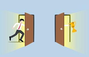 Finding shortcut to succeed in business, fast career growth, or good strategy usage for achieving goal quickly concept. Businessman running into dimensional door to grab trophy.
