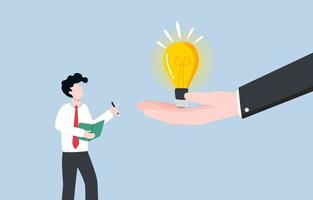 Seeking knowledge from expert, gaining experience to advance career, propensity to learn concept. Giant hand showing bright idea light bulb for businessman to learn. vector