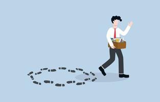 Leave job with repetitive tasks, start new career path, self motivation to face new challenge concept. Businessman stepping out of circle of footprints metaphor of finishing endless career loop. vector