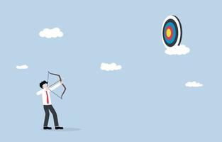 Aiming high business goal, ambition to win big, strategy and planning to success, leadership concept. Archery businessman aiming arrow to high target in the sky. vector