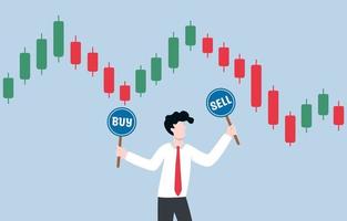 Time decision to invest in stock market, opportunity to buy or sell in crypto currency trading, foreign exchange concept. businessman holding buy sign and sell sign while looking at candlestick chart. vector