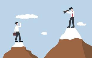 Doing business without underestimating competitor,  strategy to sustain growth among competitive market concept, Entrepreneur businessman using telescope to look at competitor on mountain below.