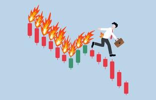 Stock market crash, crypto price fall, loss money from financial crisis or wrong speculation of trading concept. Businessman trader running away from downtrend candlestick graph which being on fire. vector