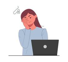 Stress, occupational burnout, professional exhaustion concept. Overworked young woman sitting at laptop and holding her head with hand, tired and upset. Color flat cartoon vector illustration