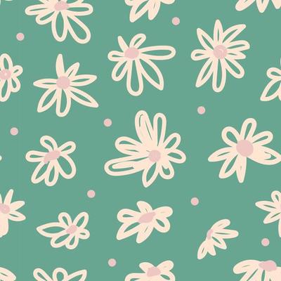 Hand drawn daisy flowers seamless pattern on pastel green background. Cute floral pattern for print, fabric, wallpaper. Vector flat design