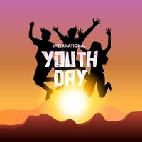cartel del día internacional de la juventud ilustración vectorial con silueta de personas saltando sobre la puesta de sol vector