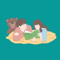 love cute couple laying and reading book vector