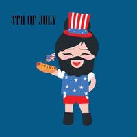 el hombre americano celebra el 4 de julio y come un perrito caliente a la barbacoa vector