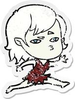 distressed sticker of a cartoon vampire girl vector