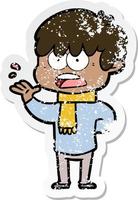 distressed sticker of a worried cartoon boy vector