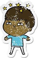 distressed sticker of a cartoon amazed boy vector