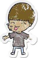 distressed sticker of a cartoon boy sticking out tongue vector