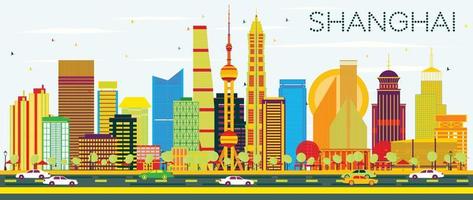 Abstract Shanghai Skyline with Color Buildings and Blue Sky. vector
