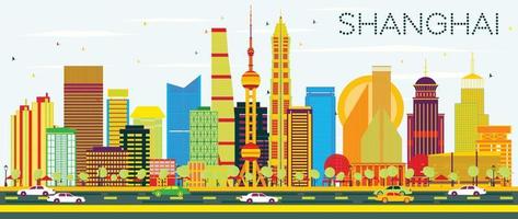 Abstract Shanghai Skyline with Color Buildings and Blue Sky. vector