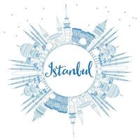 Outline Istanbul Skyline with Blue Landmarks and Copy Space. vector