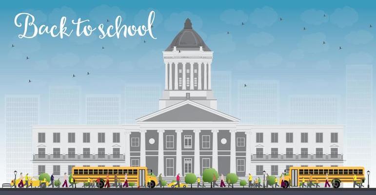 Landscape with school bus, school building and people.