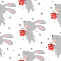 Happy new year pattern with cute bunny. Funny rabbit gives a gift. Chinese symbol 2023 new year. Animal cartoon character. Christmas decoration. For wrapping paper, textiles, fabric vector